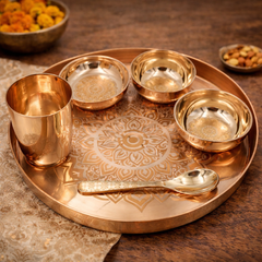 Bronze Kansa Dinner Set, Handcrafted Panchaloha Bhojan Thali with Plate Bowls Glass Spoon,Traditional Kansya Pittalai Dining Ware for Indian Meals, Gold, 11.42 Inch, 1 Piece