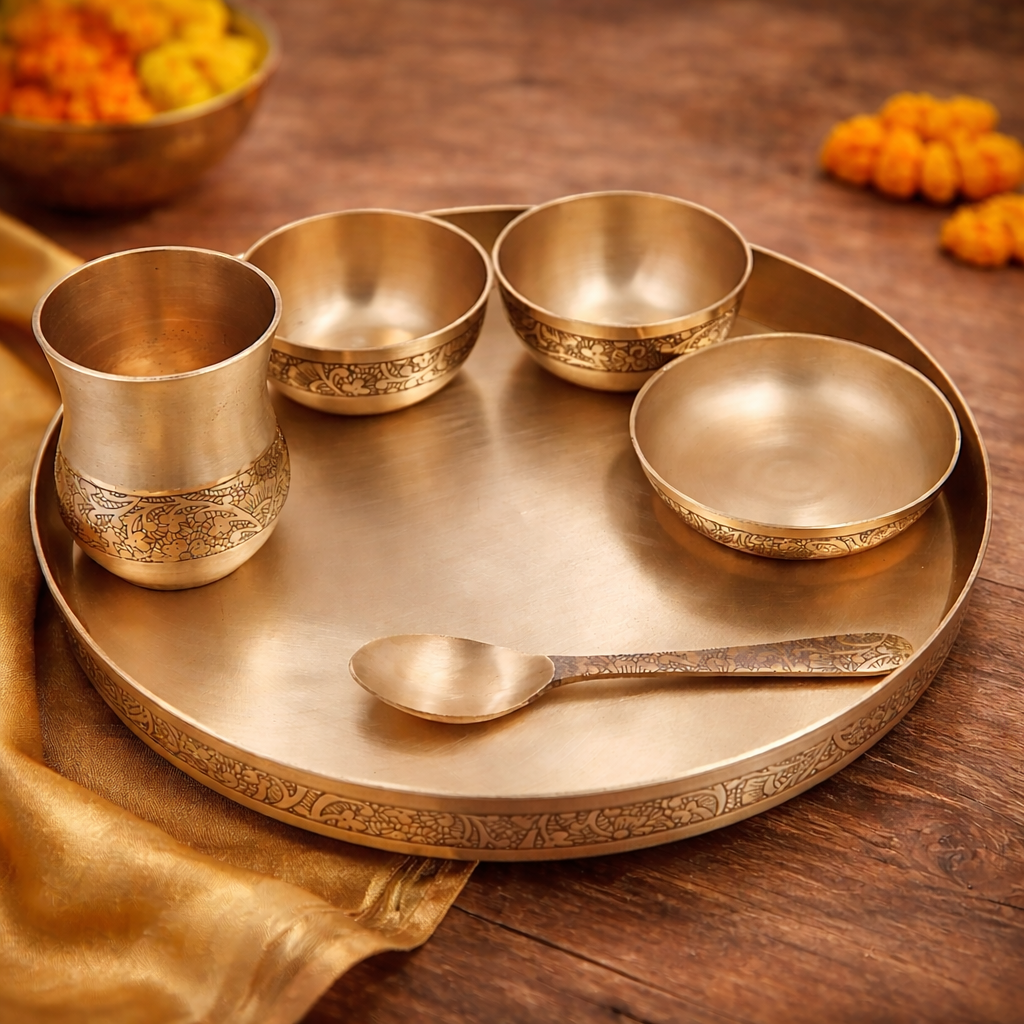 Bronze Kansa Dinner Set, Handcrafted Panchaloha Kansya Bhojan Thali, Traditional Ayurvedic Dining Plate Bowl Glass Spoon Set for Wellness Meals, Gold, 11.42 Inch, 1 Piece