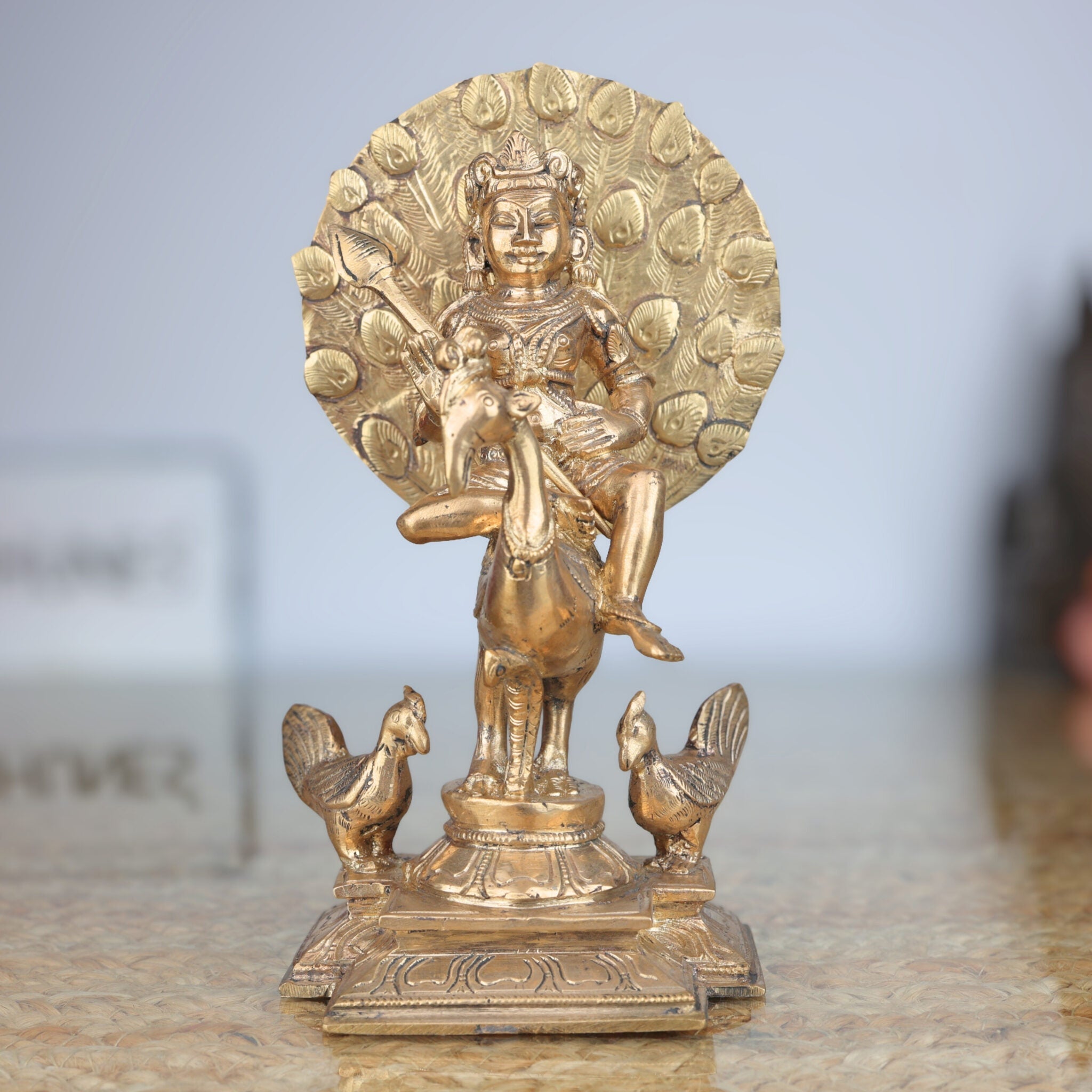 Panchaloha Lord Murugan Bronze Idol Sitting on Peacock – Skanda Subramanya Shanmukha Vel Murti for Home Temple Decor,Brown, 7.5 Inch, 1 Piece