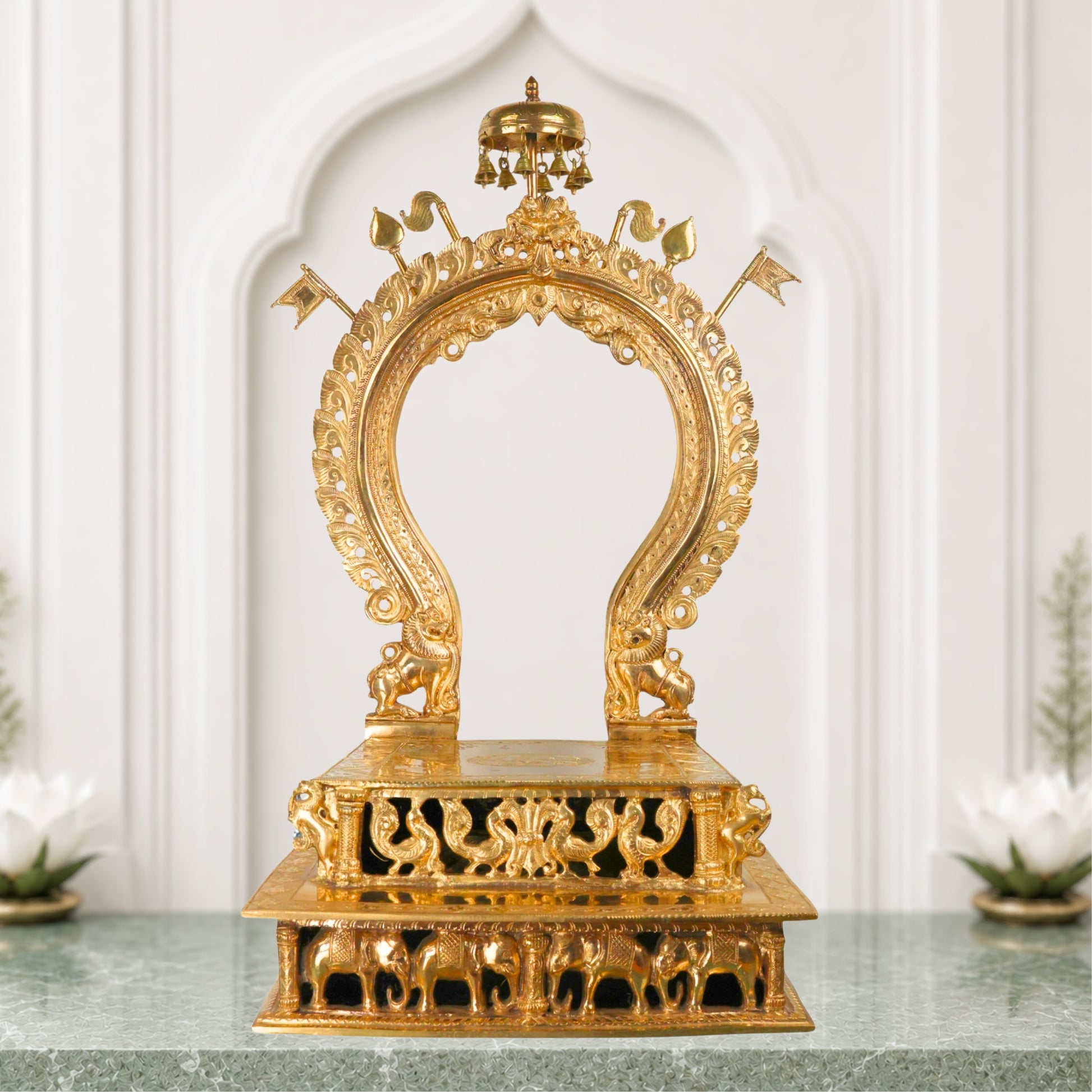 Handcrafted Bronze Singhasan with Prabhavali for Deity, Panchaloha Chola Art Temple Chowki Bajot Peetham, Gold, 29.5 Inch, 1 Piece