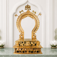 Handcrafted Bronze Singhasan with Prabhavali for Deity, Panchaloha Chola Art Temple Chowki Bajot Peetham, Gold, 29.5 Inch, 1 Piece