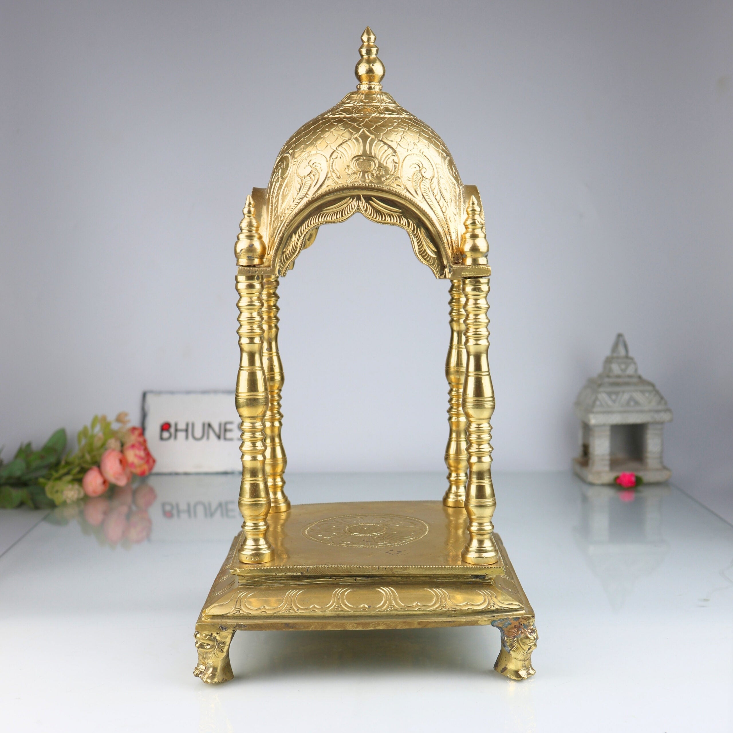 Bronze Handmade Pooja Mandir, Panchaloha Temple Stand With Prabhavali Peetha, Singhasan Chowki, Traditional Mandap For Home & Temple, Gold, 17.5 Inch, 1 Piece