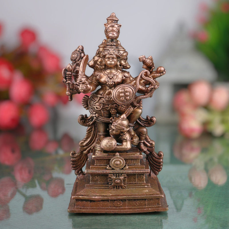 Copper Panchamukhi Veera Hanuman Idol, Panchamukha Anjaneya Swamy Vigraham, Panchavaktra Bajrangbali Murti for Pooja & Home Decor, Brown, 6.5 Inch, 1 Piece