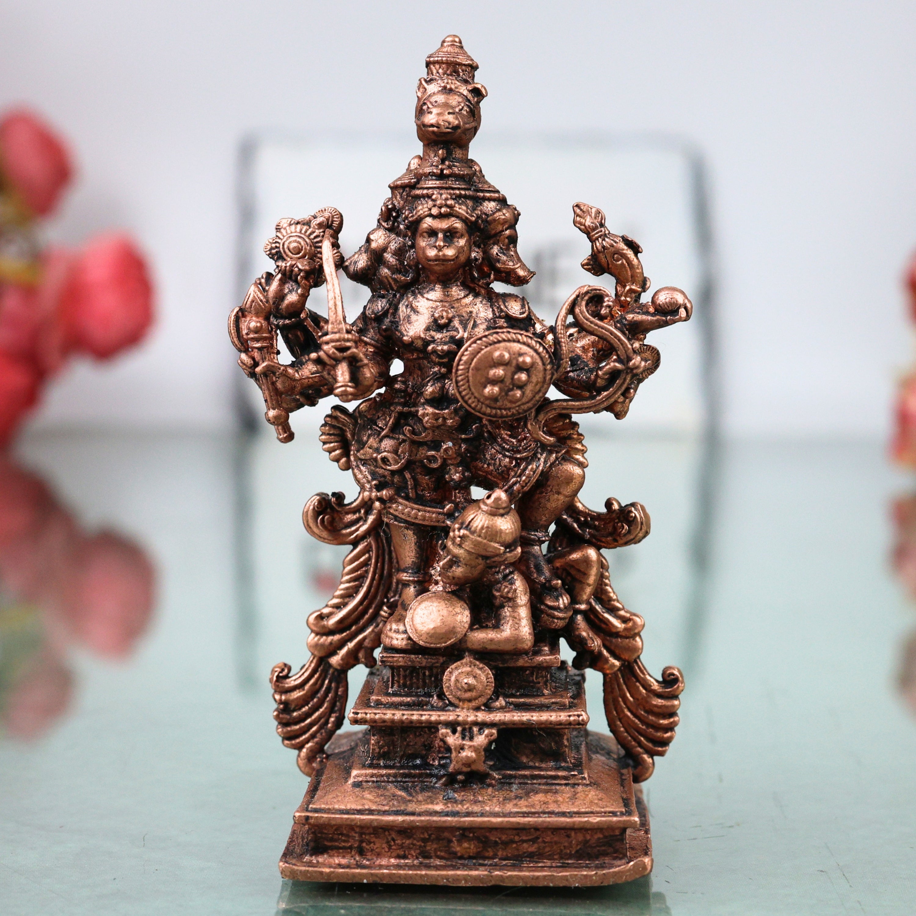 Copper Panchmukhi Veera Hanuman Idol Panchamukha Anjaneya Swamy Murti Tamra Bajrangbali Maruti Statue Pooja Decor, Brown, 3.5 Inch, 1 Piece