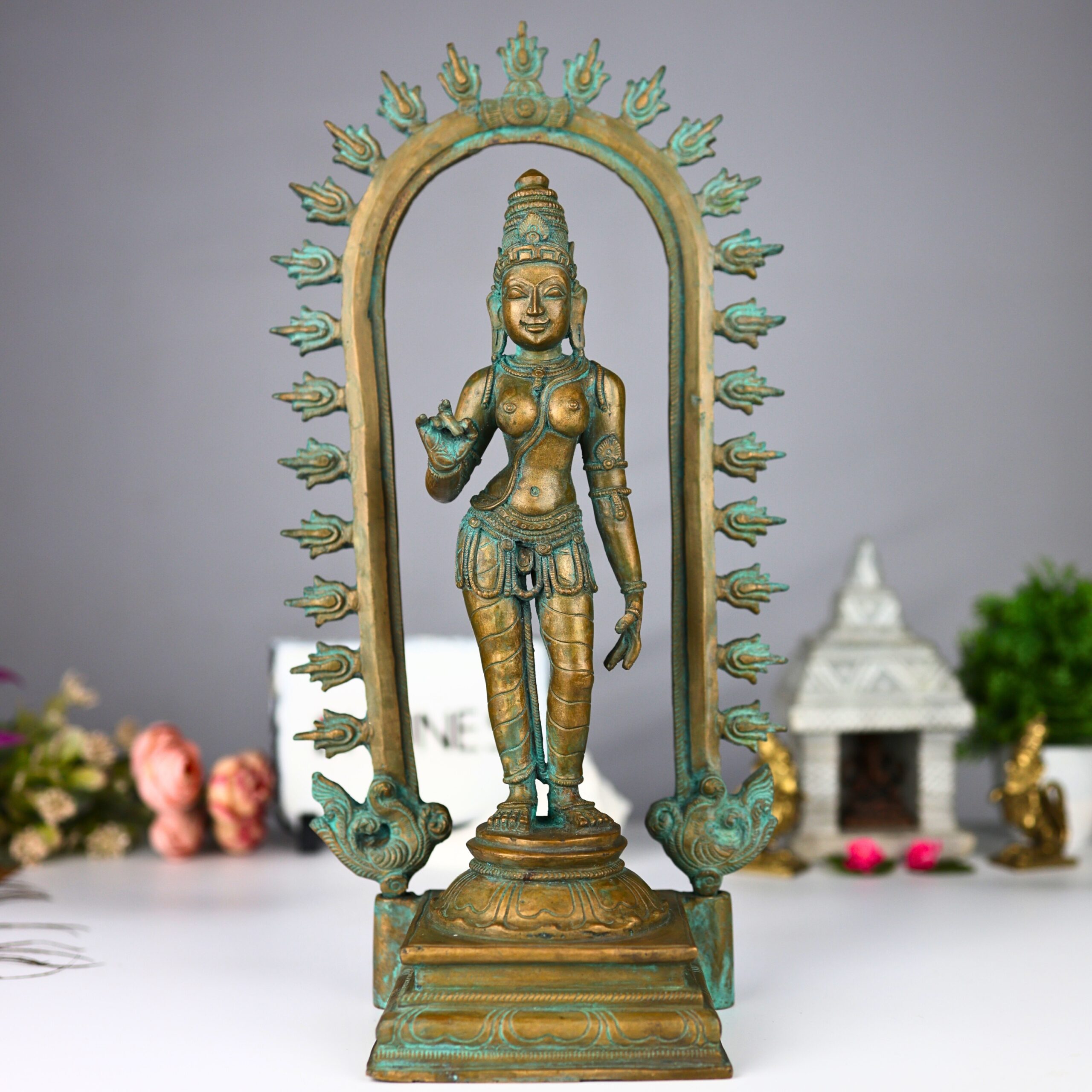 Handcrafted Bronze Goddess Parvati Idol, Panchadhatu Adi Parashakti Silai, Parvati Murti for Pooja, Home Decor, Bhoga Shakti Sculpture, Brown, 15 Inch, 1 Piece