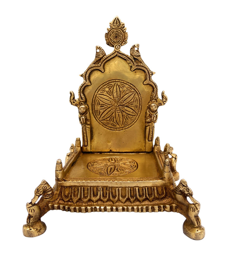 Brass Pooja Chowki with Prabhavali, Handcrafted Singhasan Peetha for God Idol, Mandir Bajot, Temple Stand, Gold, 8 Inch, 1 Piece