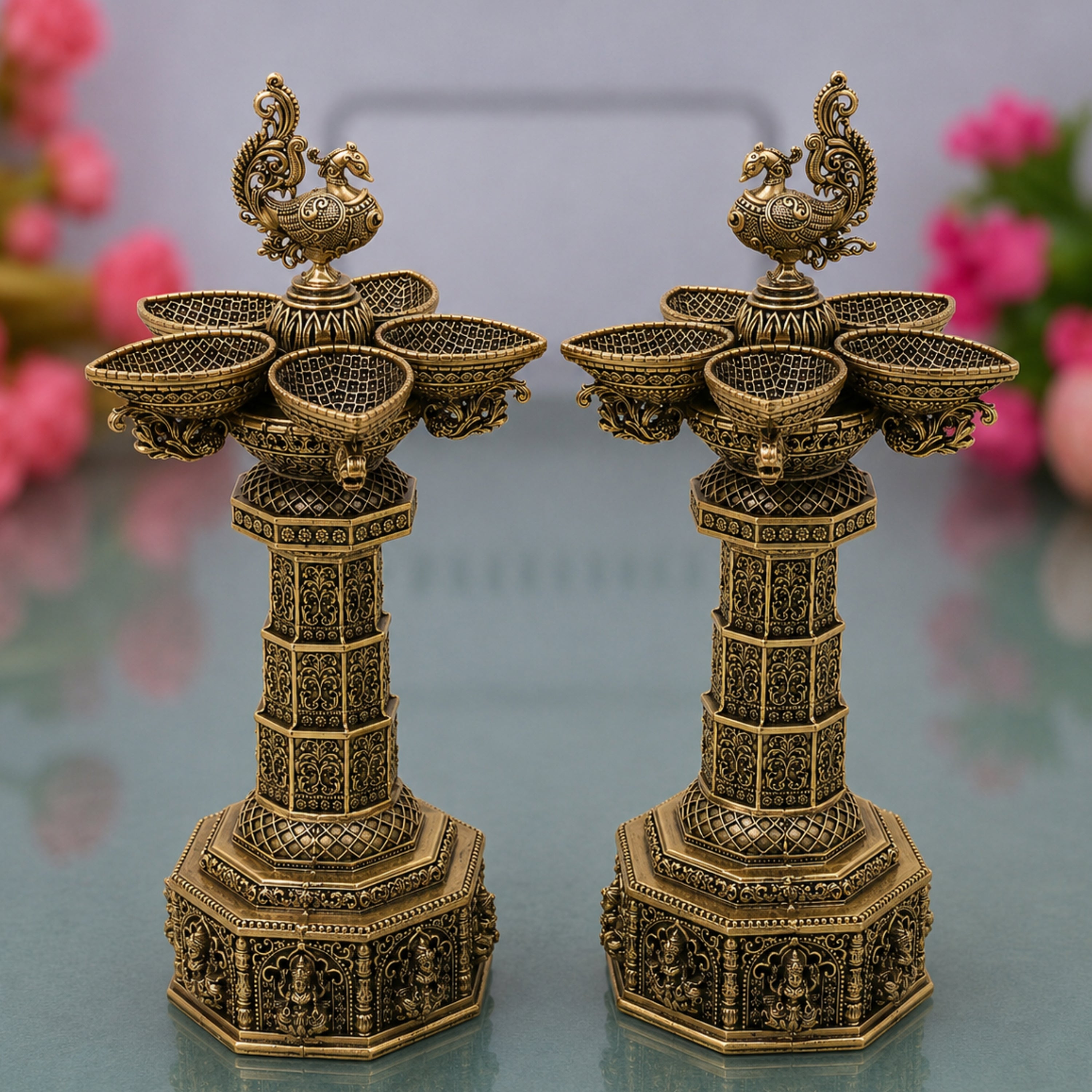 Brass Peacock Lakshmi Vilakku Deepam, Handcrafted Traditional Pooja Lamp for Temple Home Decor & GiftingSet Of 2, Gold, 13 Inch, 2 Piece