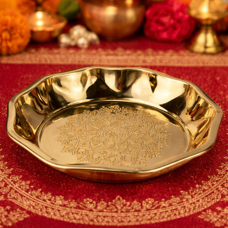 Handcrafted Brass Pooja Thali, Peetal Aarti Plate, Pital Puja Thambalam for Temple Rituals & Home Mandir, Traditional Pittal Worship Plate, Gold, 12.20 Inch, 1 Piece