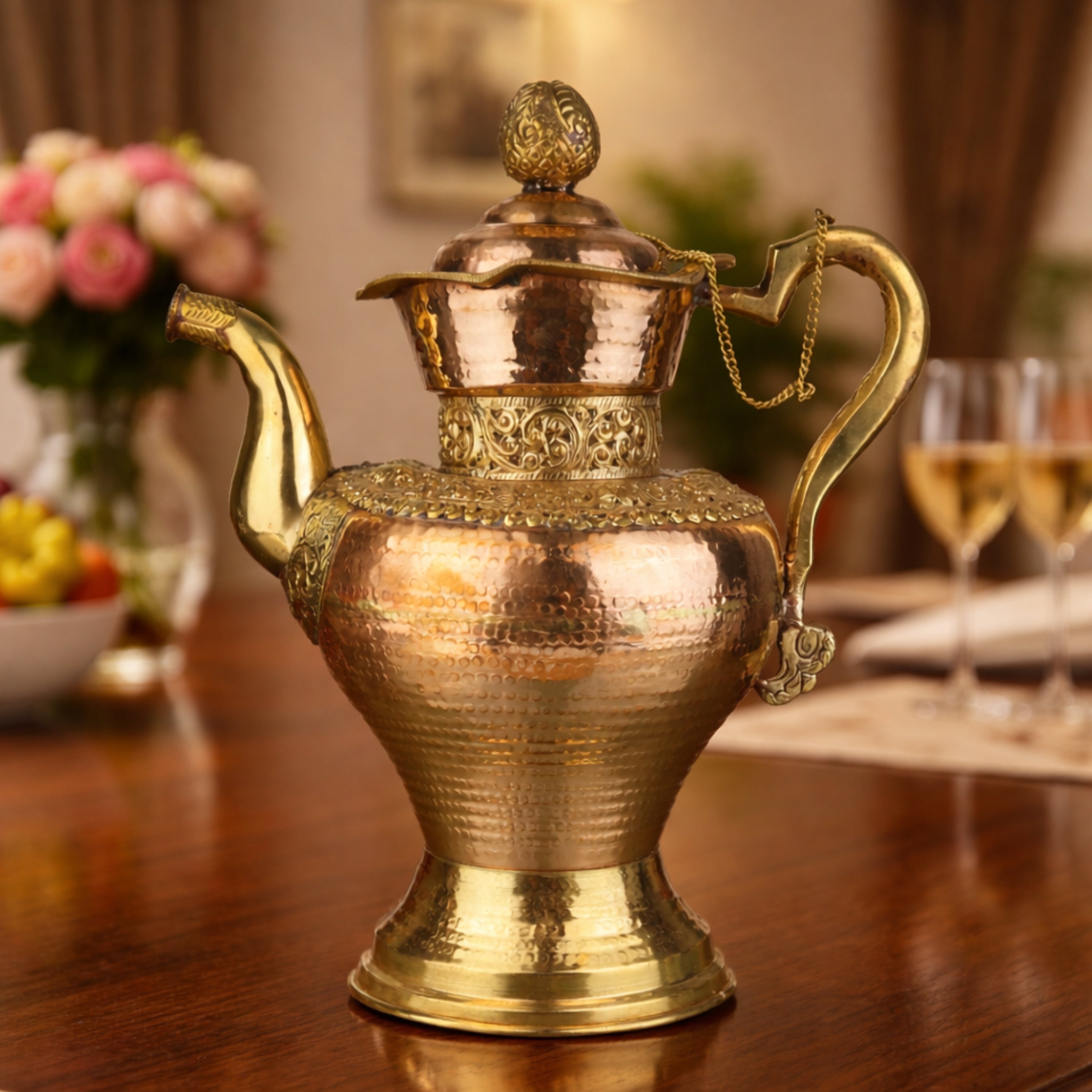 Brass Handmade Peetal Pital Kettle, Traditional Tambra Pittal Chai Pot, Decorative Vintage Indian Tea Vessel for Home Décor & Gifts, Gold, 14 Inch, 1 Piece