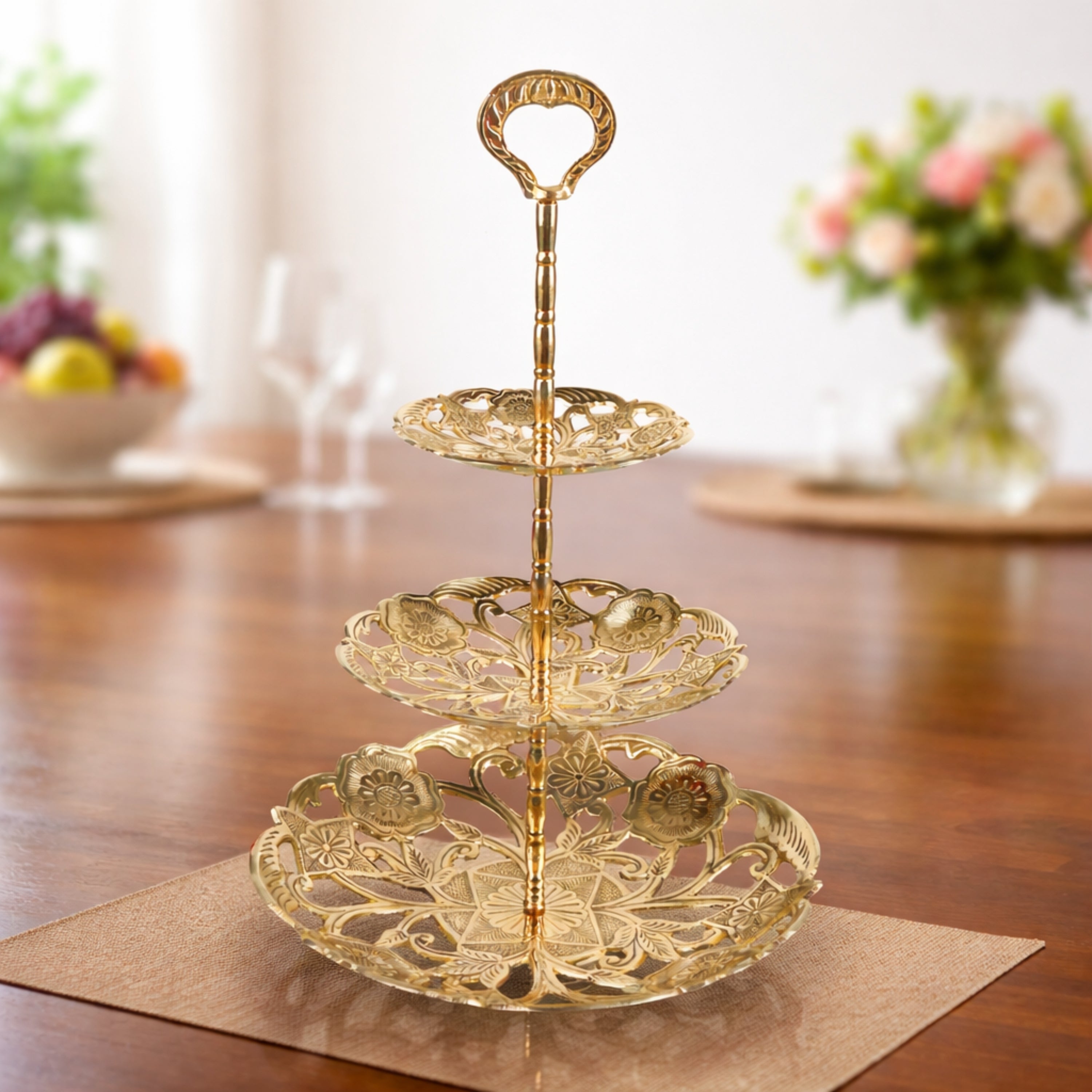 Handcrafted Brass Dry Fruit Stand, Peetal Pital Pittalam Pitala Hitale Dry Fruit Box, Decorative Brass Dry Fruit Platter & Serving Tray for Gifting & Home Décor, Gold, 15.5 Inch, 1 Piece