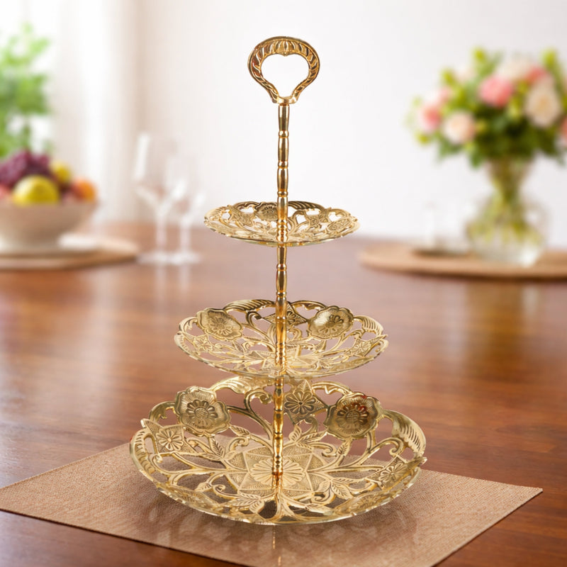 Handcrafted Brass Dry Fruit Stand, Peetal Pital Pittalam Pitala Hitale Dry Fruit Box, Decorative Brass Dry Fruit Platter & Serving Tray for Gifting & Home Décor, Gold, 15.5 Inch, 1 Piece