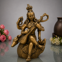 Brass Saraswati Idol, Peetal Vagdevi Sharada Devi Murti, Handmade Bharati Vani Statue for Pooja, Home & Temple Decor,Gold, 7.5 Inch, 1 Piece