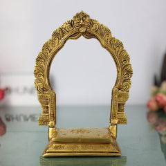 Brass Singhasan Chowki With Prabhavali, Deity Stand with Arch for Pooja Mandir, Handcrafted Peetha Bajot for Idols, Gold, 8 Inch, 1 Piece