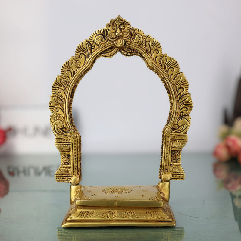 Brass Singhasan Chowki With Prabhavali, Deity Stand with Arch for Pooja Mandir, Handcrafted Peetha Bajot for Idols, Gold, 8 Inch, 1 Piece