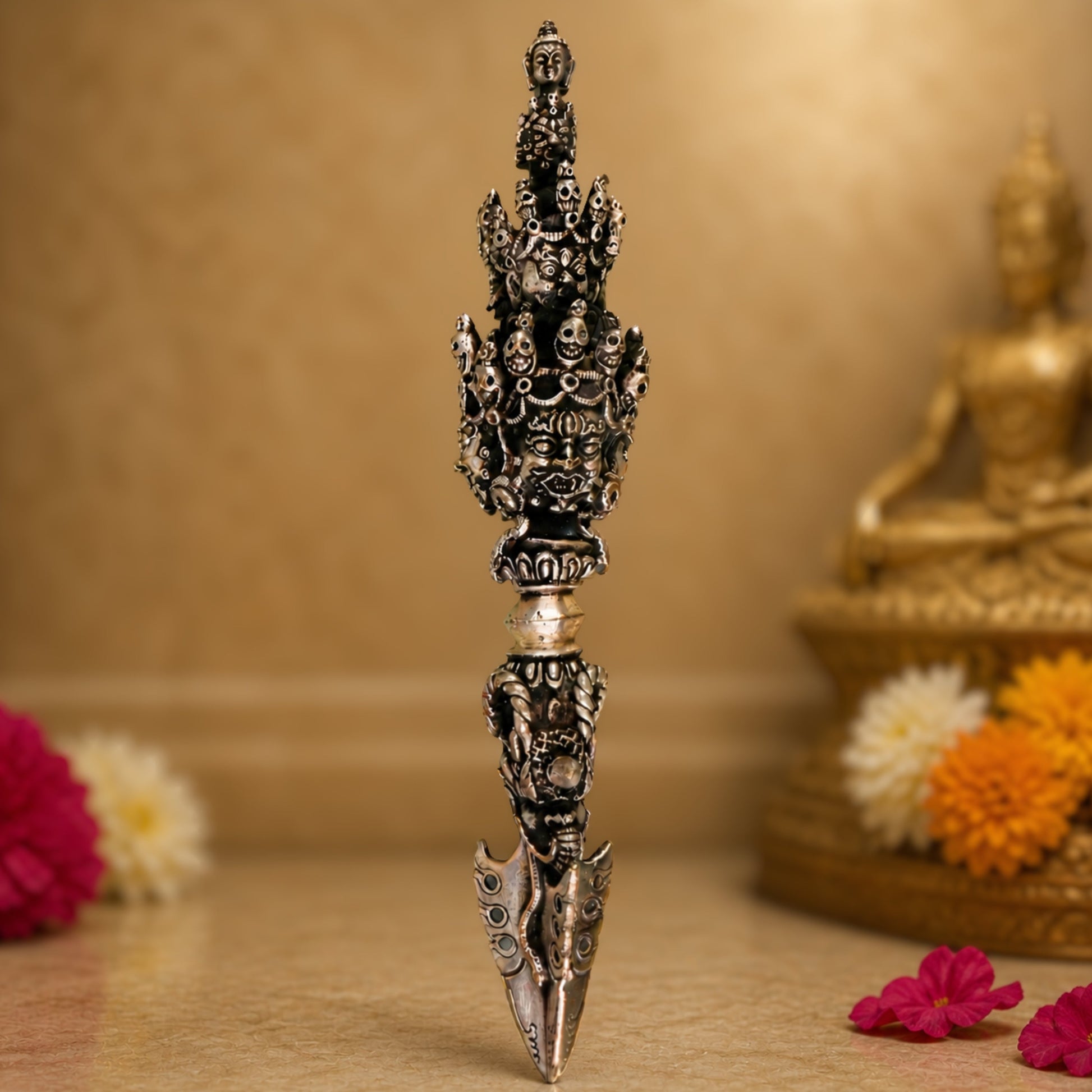 Brass With Silver Coated Handcrafted Phurba Idol Vajrakilaya Kila, Tibetan Ritual Dagger Vajra Kila Statue, Buddhist Tantric Dorje Phurba for Puja, Meditation, Energy Protection & Spiritual Decor, Silver, 6.5 Inch, 1 Piece