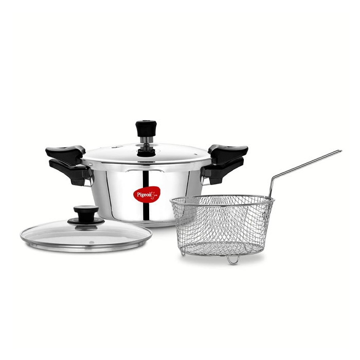 Pigeon Stainless Steel All in One Super Cooker Pro 3 litre with Pressure Cooker Outer Lid, Glass lid and Deep Frying Basket (14942)