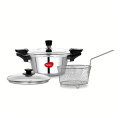 Pigeon Stainless Steel All in One Super Cooker Pro 3 litre with Pressure Cooker Outer Lid, Glass lid and Deep Frying Basket (14942)