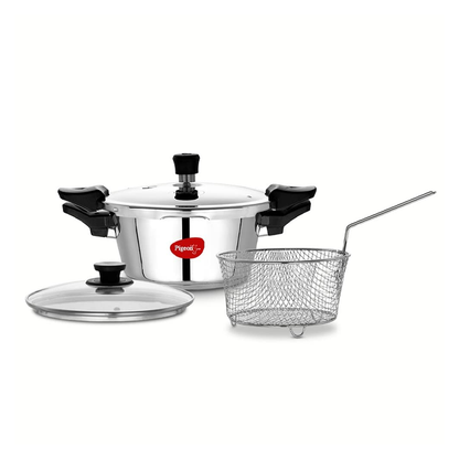 Pigeon Stainless Steel All in One Super Cooker Pro 3 litre with Pressure Cooker Outer Lid, Glass lid and Deep Frying Basket (14942)
