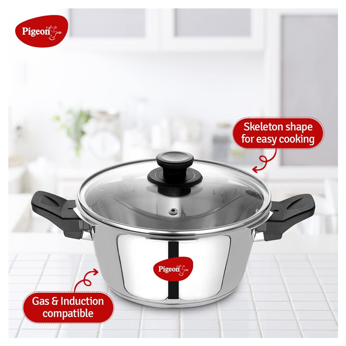 Pigeon Stainless Steel All in One Super Cooker Pro 3 litre with Pressure Cooker Outer Lid, Glass lid and Deep Frying Basket (14942)
