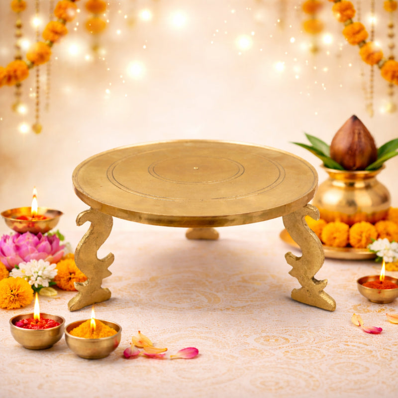 Bhunes Brass Pooja Chowki Peetha Peeta Peetalu Peetham Bajot For Temple Sinhasan Pooja Mandir Stand, Gold, 5 Inch, 1 Piece