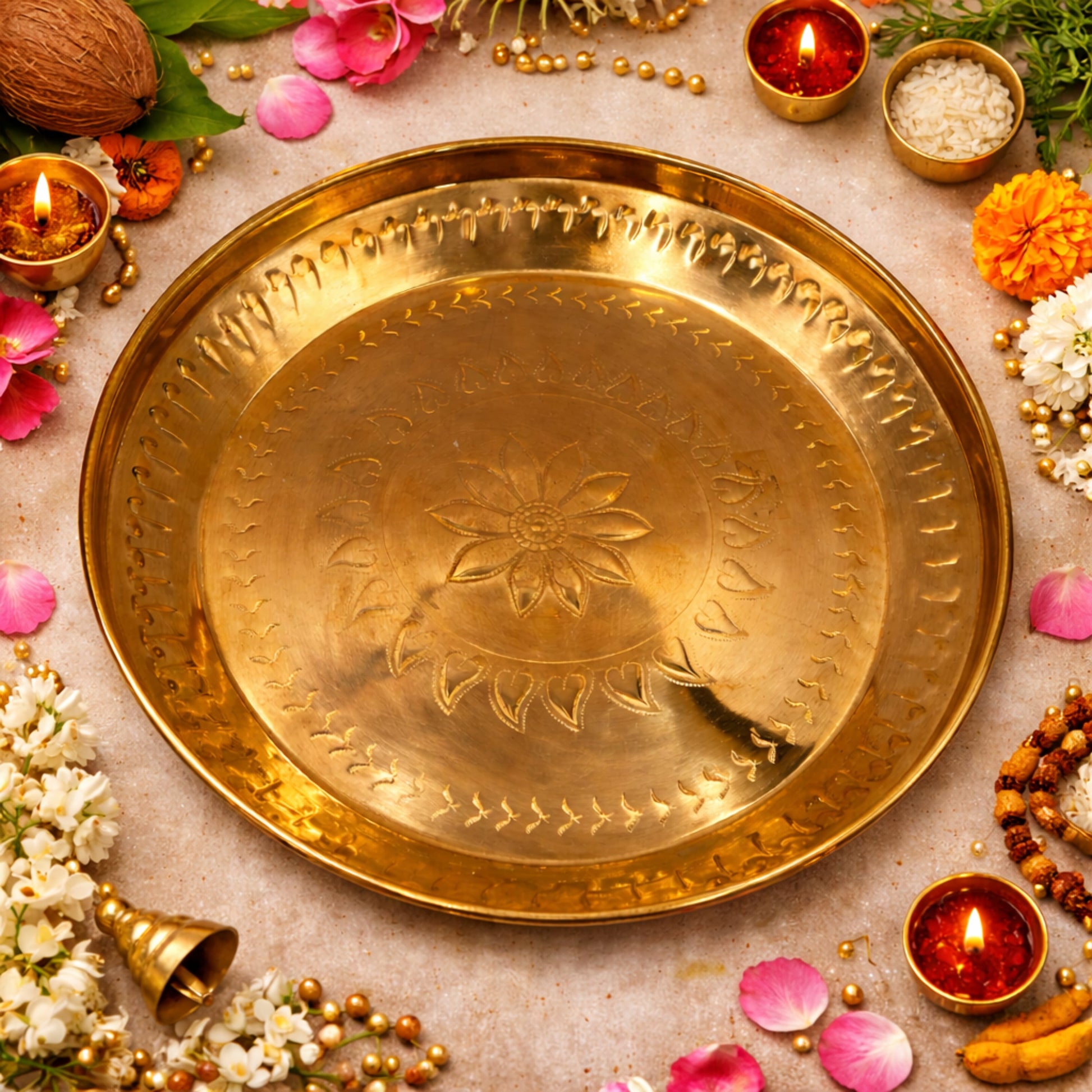 Handcrafted Brass Pooja Thali Peetal Aarti Plate Pittal Puja Thambalam Traditional Pital Worship Thali,Gold, 11.02 Inch, 1 Piece
