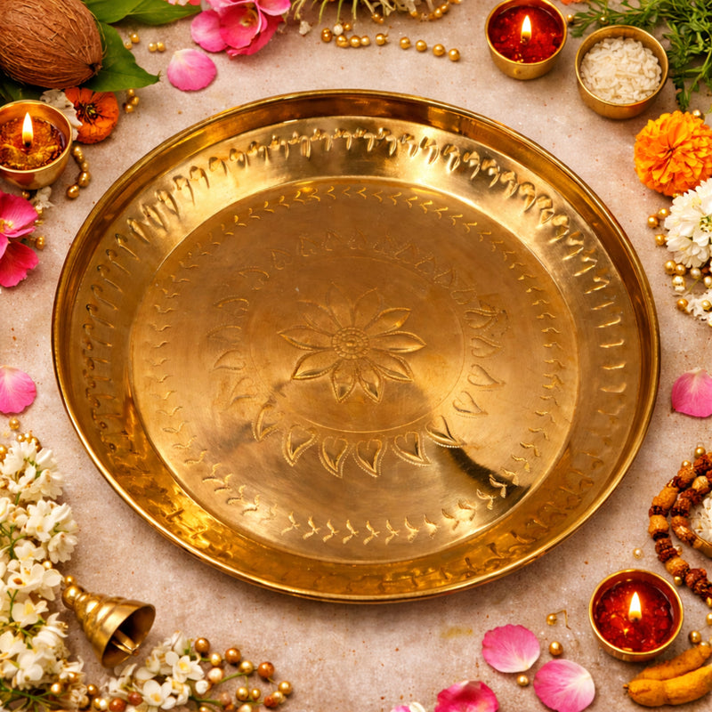 Handcrafted Brass Pooja Thali Peetal Aarti Plate Pittal Puja Thambalam Traditional Pital Worship Thali,Gold, 11.02 Inch, 1 Piece