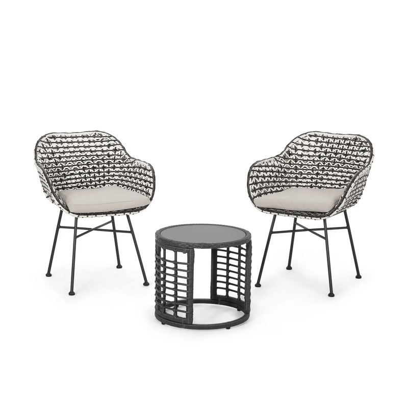 Freddie Outdoor Patio Seating Set 2 Chairs and 1 Table Set (White + Black)