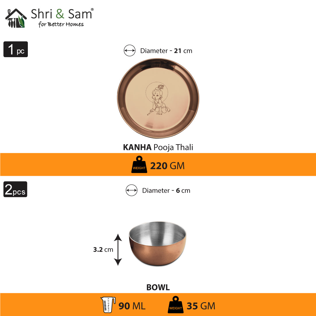 Stainless Steel Pooja Thali Set with Rose Gold PVD Coating Kanha