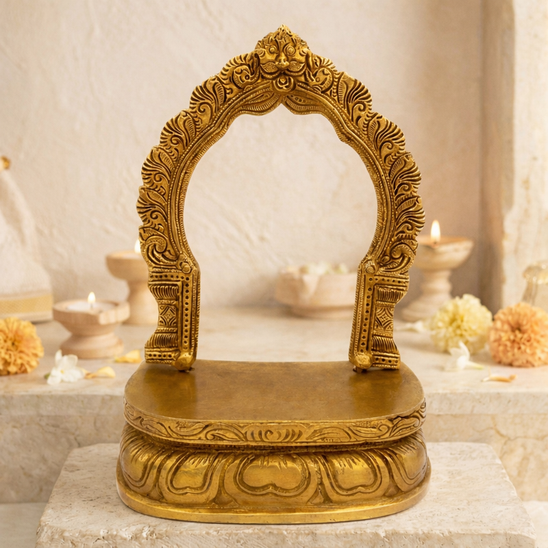 Traditional Brass Pooja Chowki, Puja Peeth Peetha Sinhasan Bajot Chowki, Handcrafted Brass Puja Pat Patta Platform for Home Mandir & Temple Decor,Gold, 9 Inch, 1 Piece