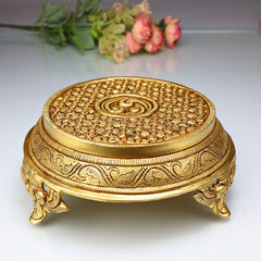 Brass Pooja Chowki Bajot, Handmade Temple Peetha, Poja Aasan Stand for Idols, Kalash, Deity Singhasan, Mandir Platform, Gold, 3 Inch, 1 Piece
