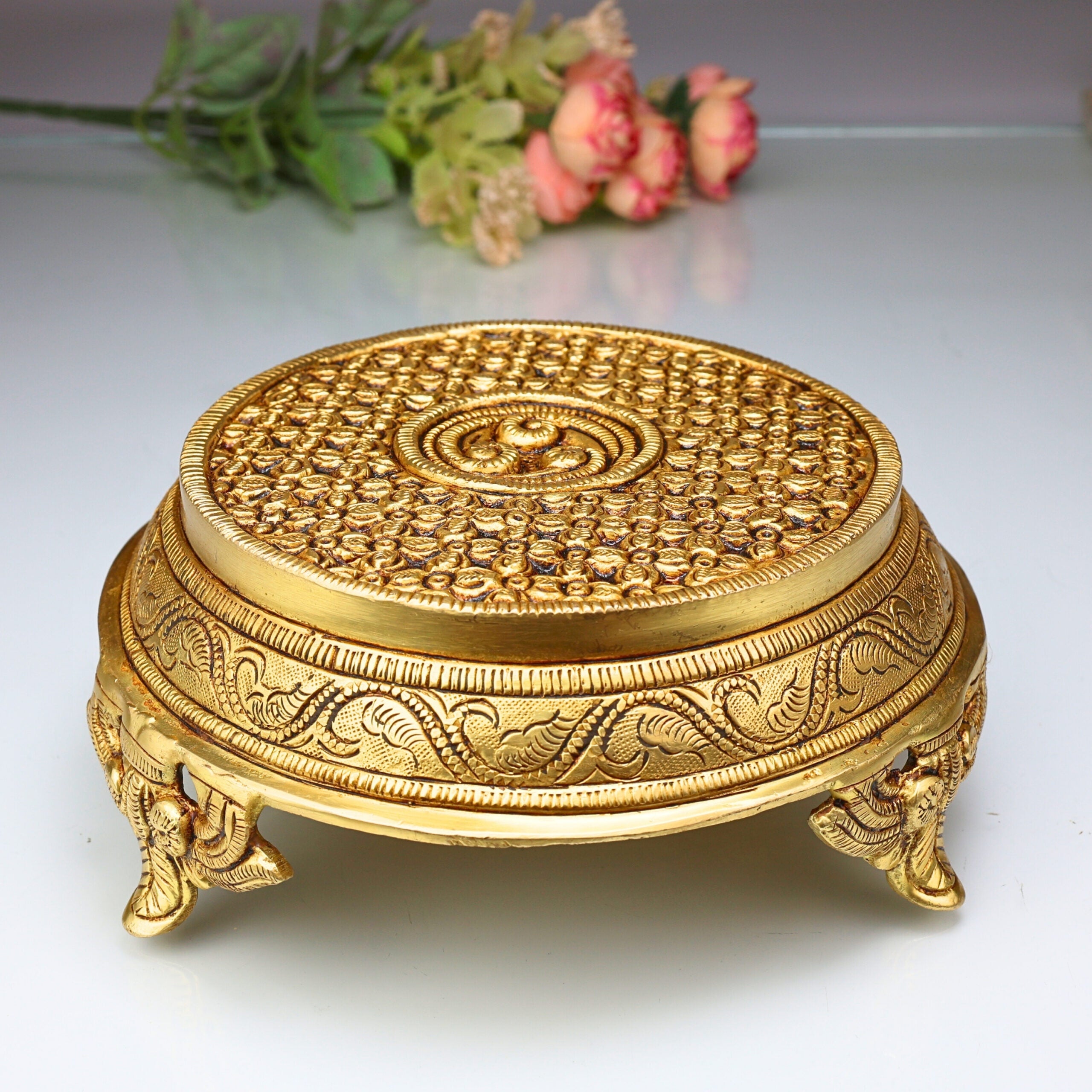 Brass Pooja Chowki Bajot, Handmade Temple Peetha, Poja Aasan Stand for Idols, Kalash, Deity Singhasan, Mandir Platform, Gold, 3 Inch, 1 Piece