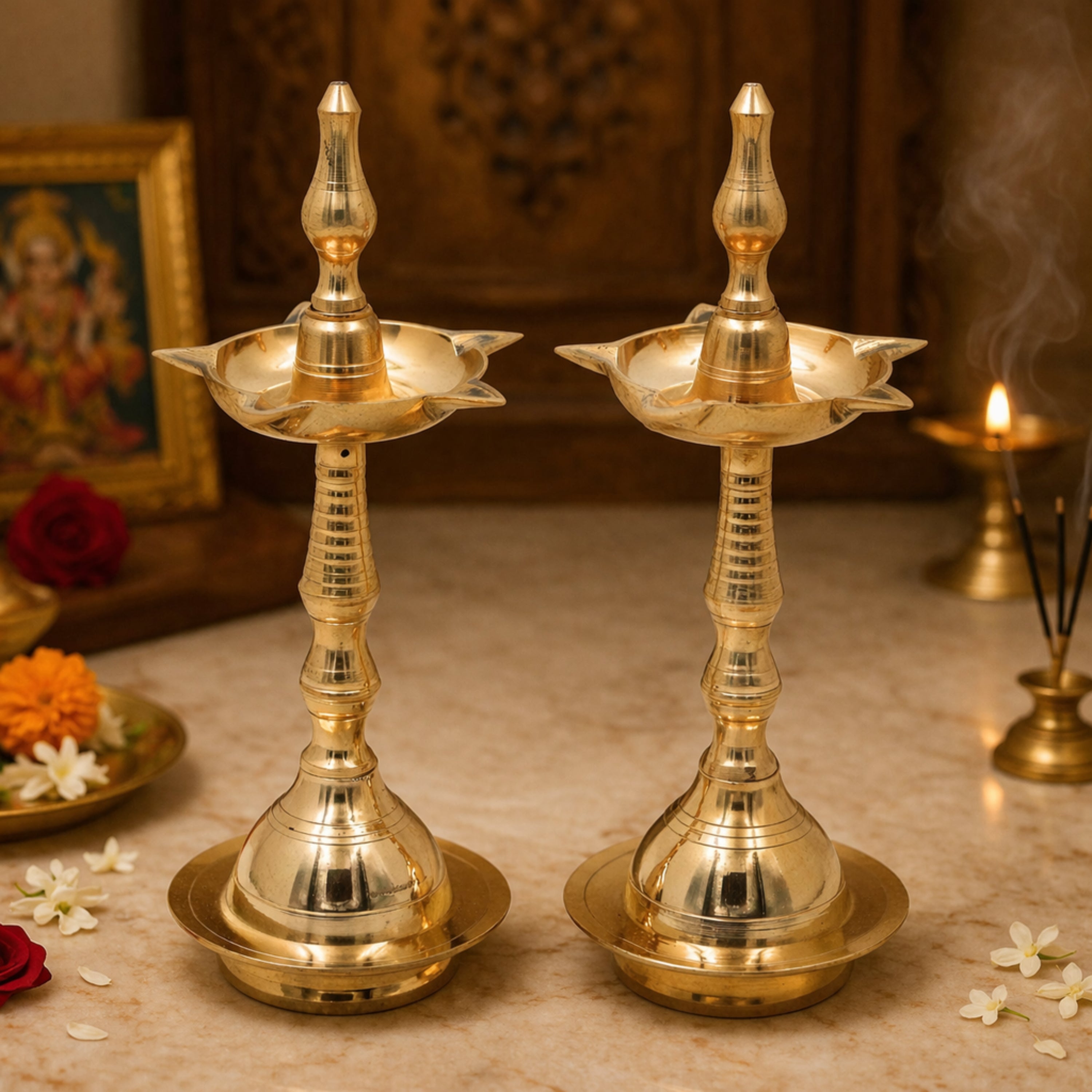 Brass Pooja Lamp Diya Deepam, Traditional Kuthu Vilakku Vilakku Samai Nilavilakku Deepa Lakshmi Kamakshi Kubera Jyoti Oil Lamp for Home Temple Mandir Aarti Spiritual Decor, Gold, 8 Inch, 2 Piece