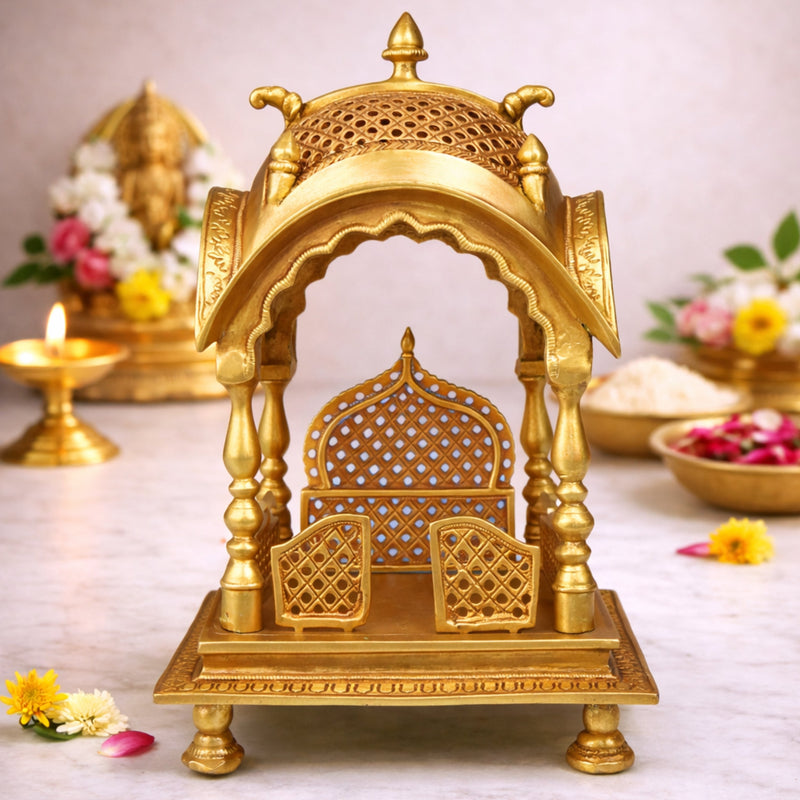 Brass Temple Pooja Mandir, Religious Home Decor for Living Room, Mandap for Puja Decoration, Gold, 15 Inch, 1 Piece