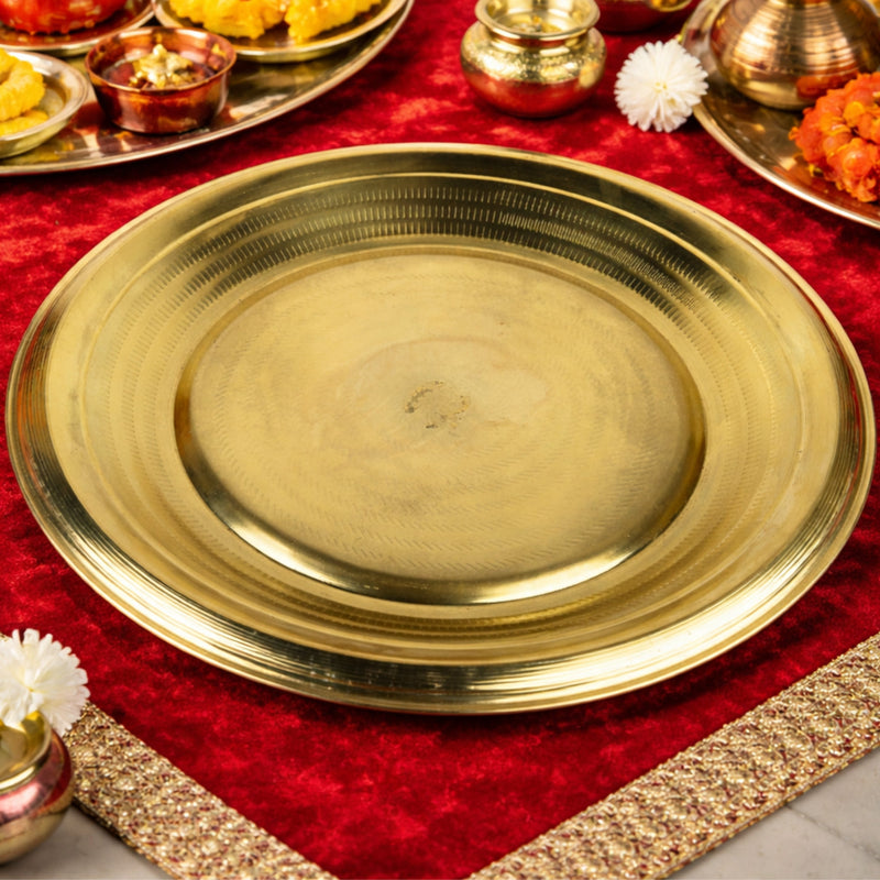 Brass Plate Heavy Pure Peetal Thali Pooja Aarti Bhog Prasad Naivedya Temple Ritual Brass Dinner Serving Plate Traditional Hittale Pital Pittal Pooja Thali, Gold, 1.5 Inch, 1 Piece
