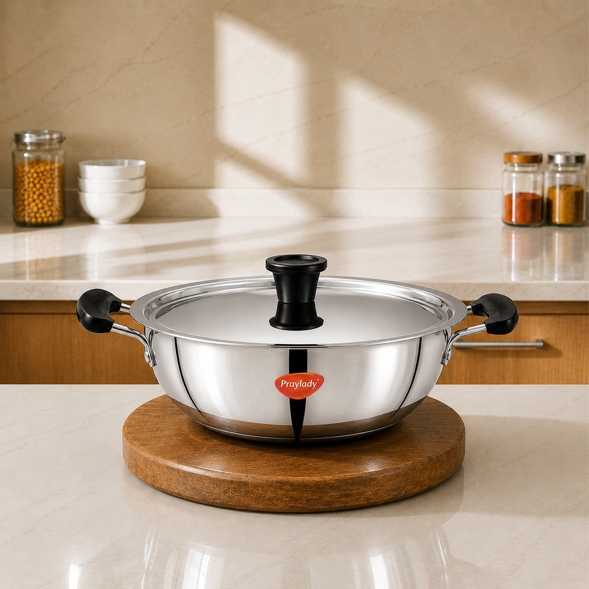 Pots & Pans Series Essential Stainless Steel Kadai | Sandwich Bottom, Stay-Cool Handles & Lid | Induction & Gas Compatible