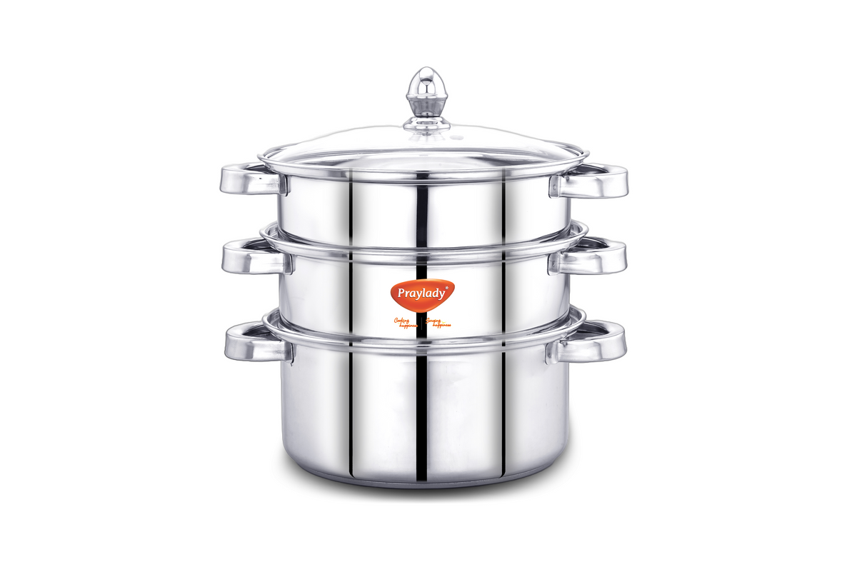 PrayLady Stainless Steel 3-Tier Steamer with Sandwich Bottom (20 cm / 22 cm / 24 cm)