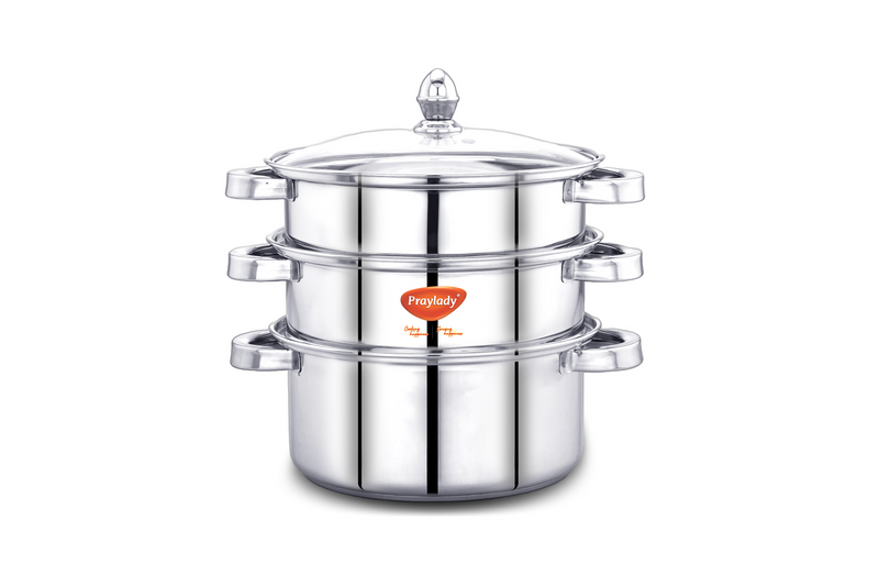 PrayLady Stainless Steel 3-Tier Steamer with Sandwich Bottom (20 cm / 22 cm / 24 cm)