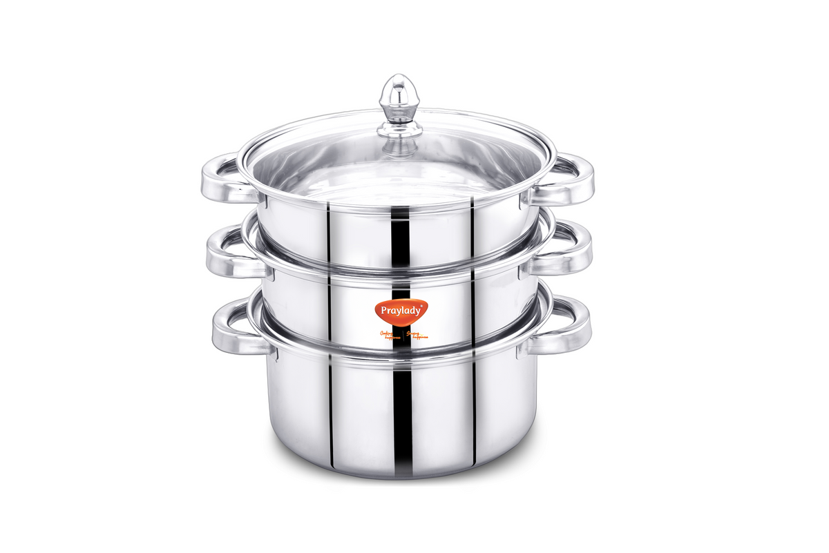 PrayLady Stainless Steel 3-Tier Steamer with Sandwich Bottom (20 cm / 22 cm / 24 cm)