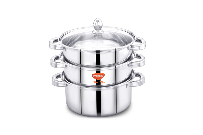 PrayLady Stainless Steel 3-Tier Steamer with Sandwich Bottom (20 cm / 22 cm / 24 cm)