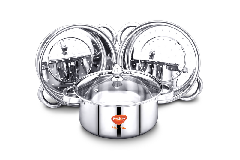 PrayLady Stainless Steel 3-Tier Steamer with Sandwich Bottom (20 cm / 22 cm / 24 cm)