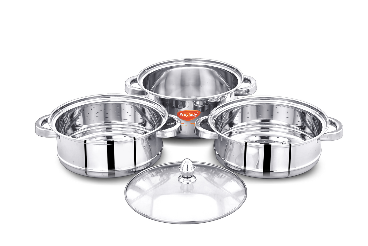 PrayLady Stainless Steel 3-Tier Steamer with Sandwich Bottom (20 cm / 22 cm / 24 cm)