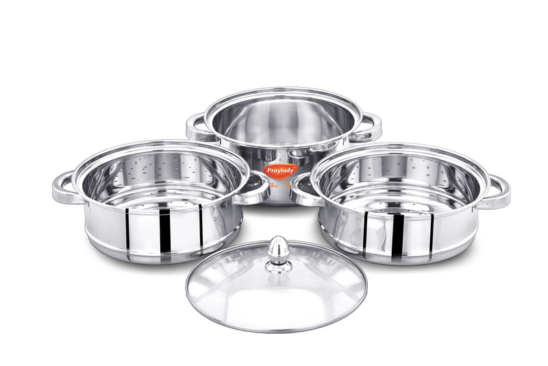 PrayLady Stainless Steel 3-Tier Steamer with Sandwich Bottom (20 cm / 22 cm / 24 cm)
