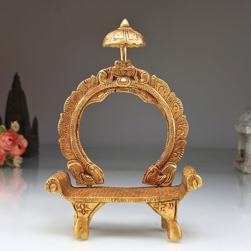 Brass Shinghashan with Prabhavali, Handcrafted Pooja Chowki, Peetha for Deity Idol, Temple Bajot with Frame And Umbrella, Gold, 8 Inch, 1 Piece