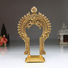 Brass Pooja Chowki with Prabhavali, Small Singhasan Stand for God Idols, Handmade Peetha Bajot for Mandir, Temple Prabhaval Frame, Gold, 8 Inch, 1 Piece