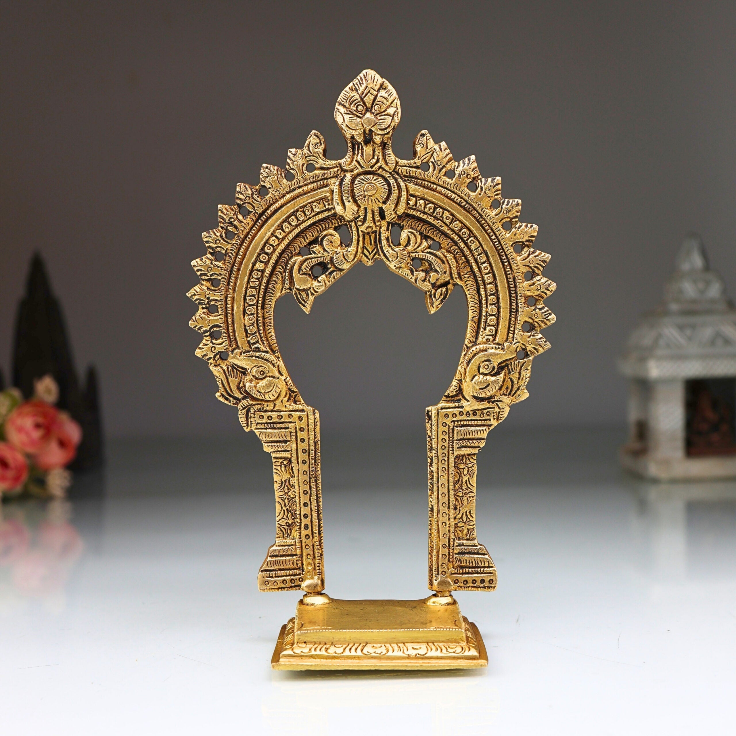 Brass Pooja Chowki with Prabhavali, Small Singhasan Stand for God Idols, Handmade Peetha Bajot for Mandir, Temple Prabhaval Frame, Gold, 8 Inch, 1 Piece
