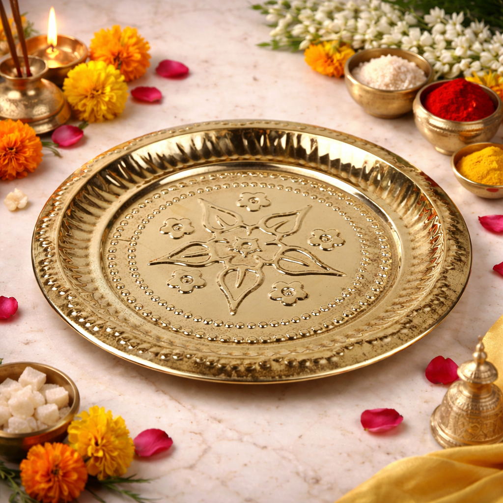 Brass Pooja Thali, Peetal Aarti Plate, Pital Puja Thambalam for Hindu Worship, Traditional Pittal Puja Plate for Temple & Home Mandir, Gold, 1 Inch, 1 Piece