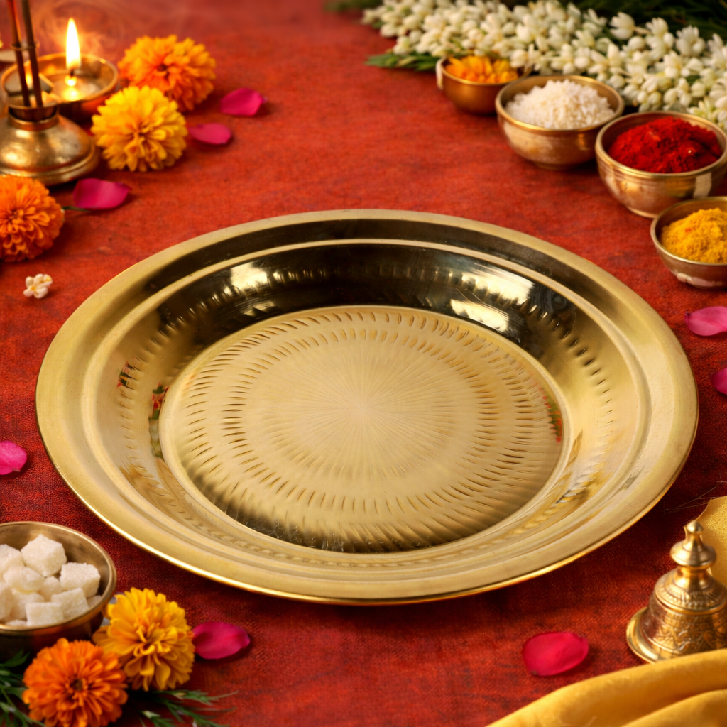 Brass Pooja Thali, Handcrafted Pure Peetal Aarti Plate, Traditional Pittal Pooja Plate for Temple, Puja, and Worship Rituals, Gold, 8.66 Inch, 1 Piece