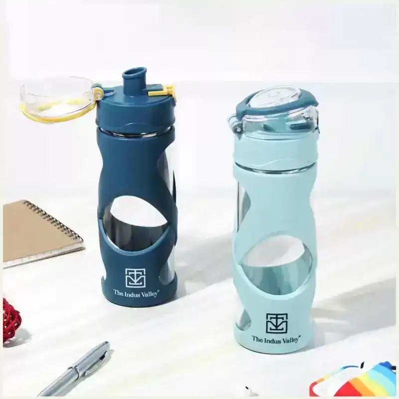 Premium Pro-hydro Borosilicate Glass Bottle | 500ml | Removable Filter | Dark blue, Light blue