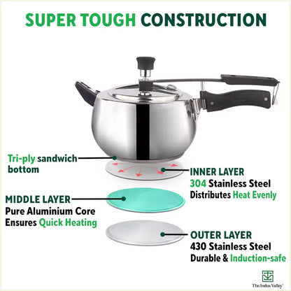 QuicKooker Stainless Steel Pressure Cooker, Premium Quality, Inner Lid, Tri-ply (3 Layer) Heavy Bottom, 100% Safe, ISI Certified, 5 Yr Warranty, Induction & Gas, 3/5L