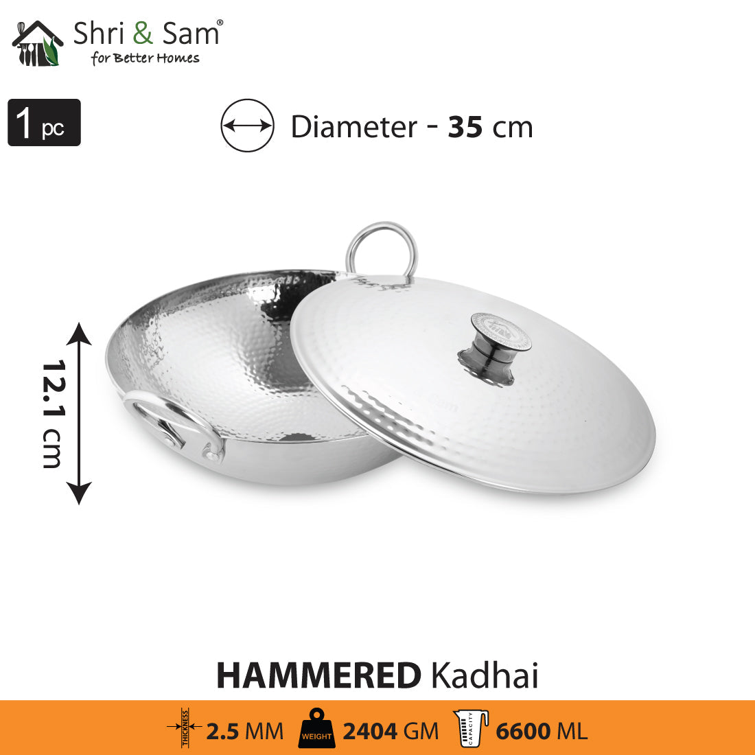 Engrave Stainless Steel Triply Deep Hammered Kadhai with SS Lid Pro